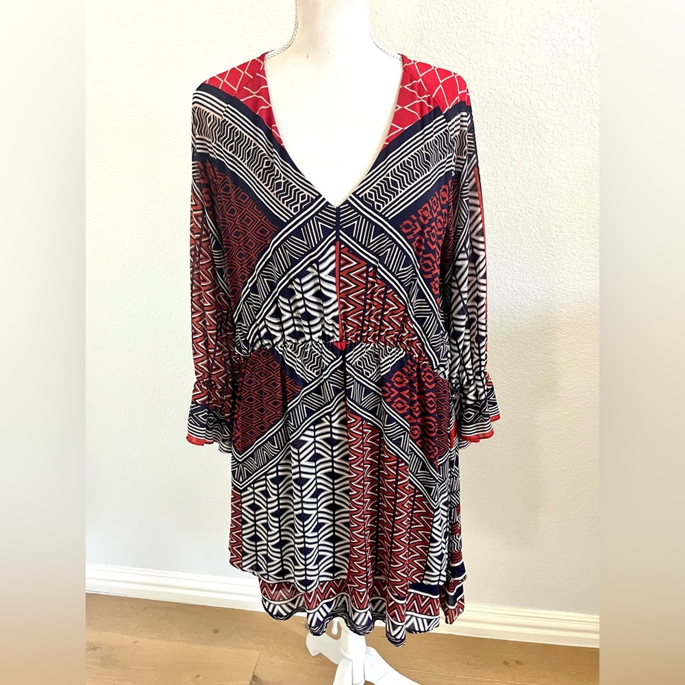 Gianni Bini Red and Black Geometric Long Sleeve Dress